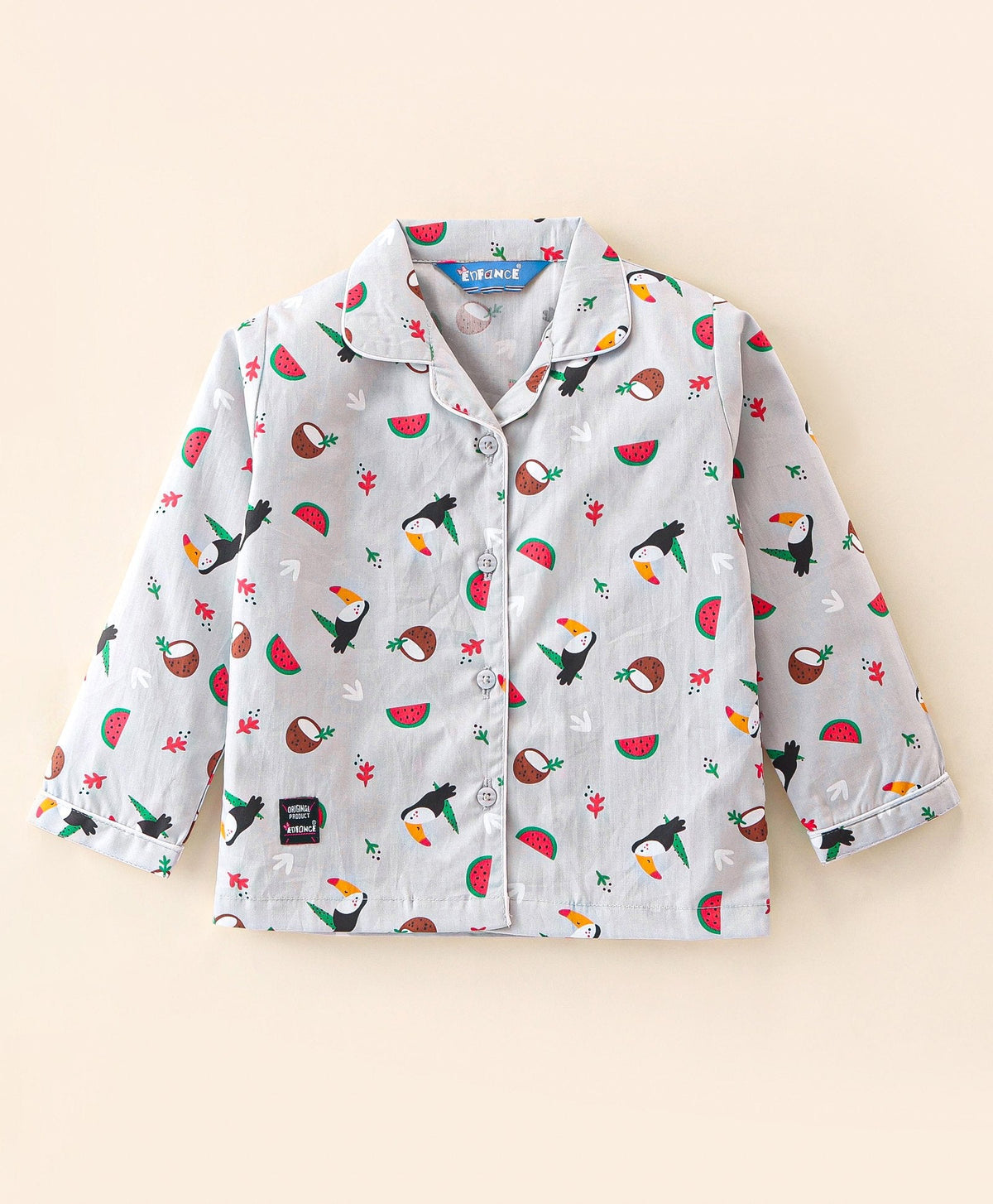 Enfance Core Full Sleeves All Over Woodpecker Print Nightsuit-Grey