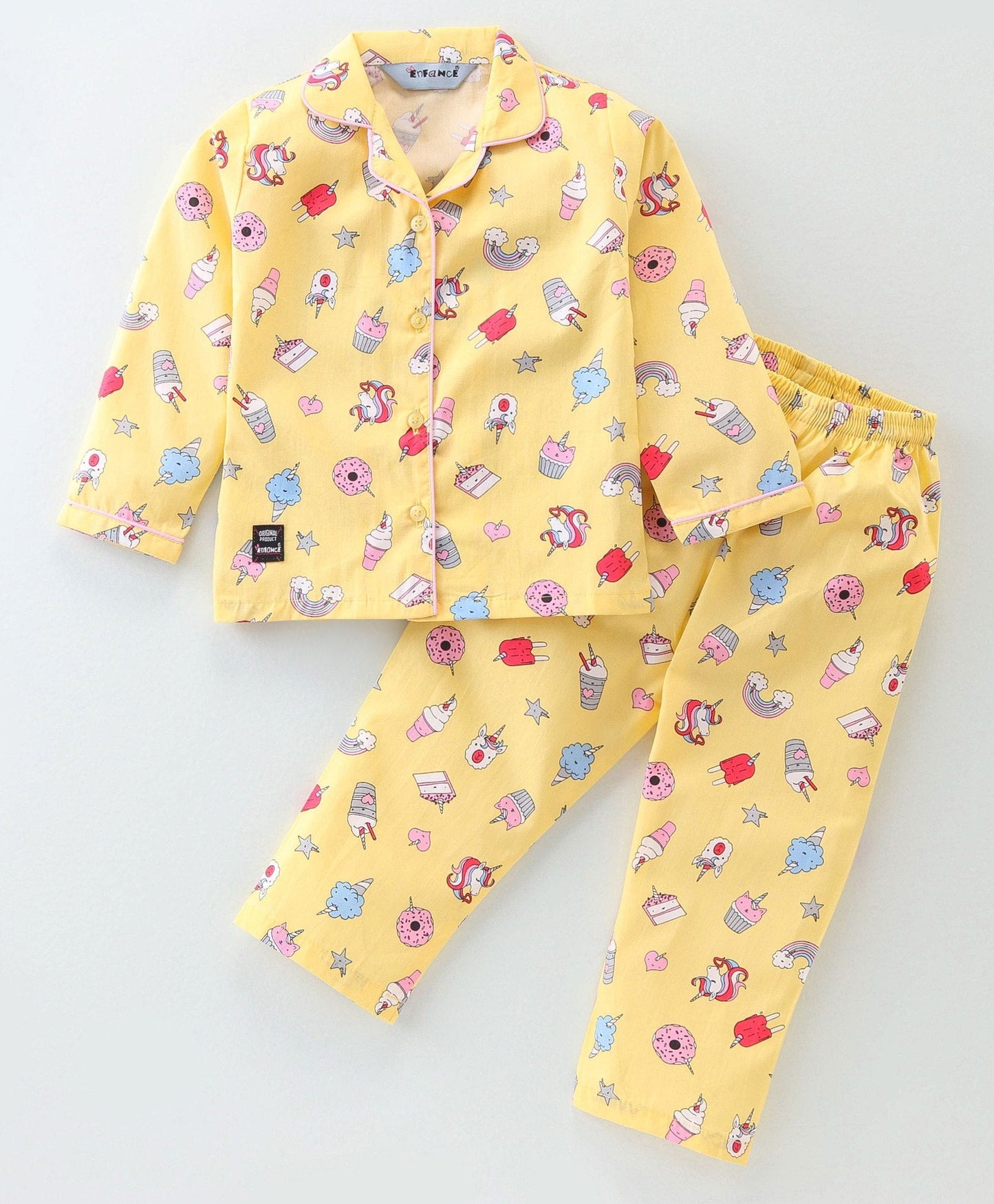 Enfance Core Full Sleeves All Over Unicorn Theme Print Nightsuit-Yellow