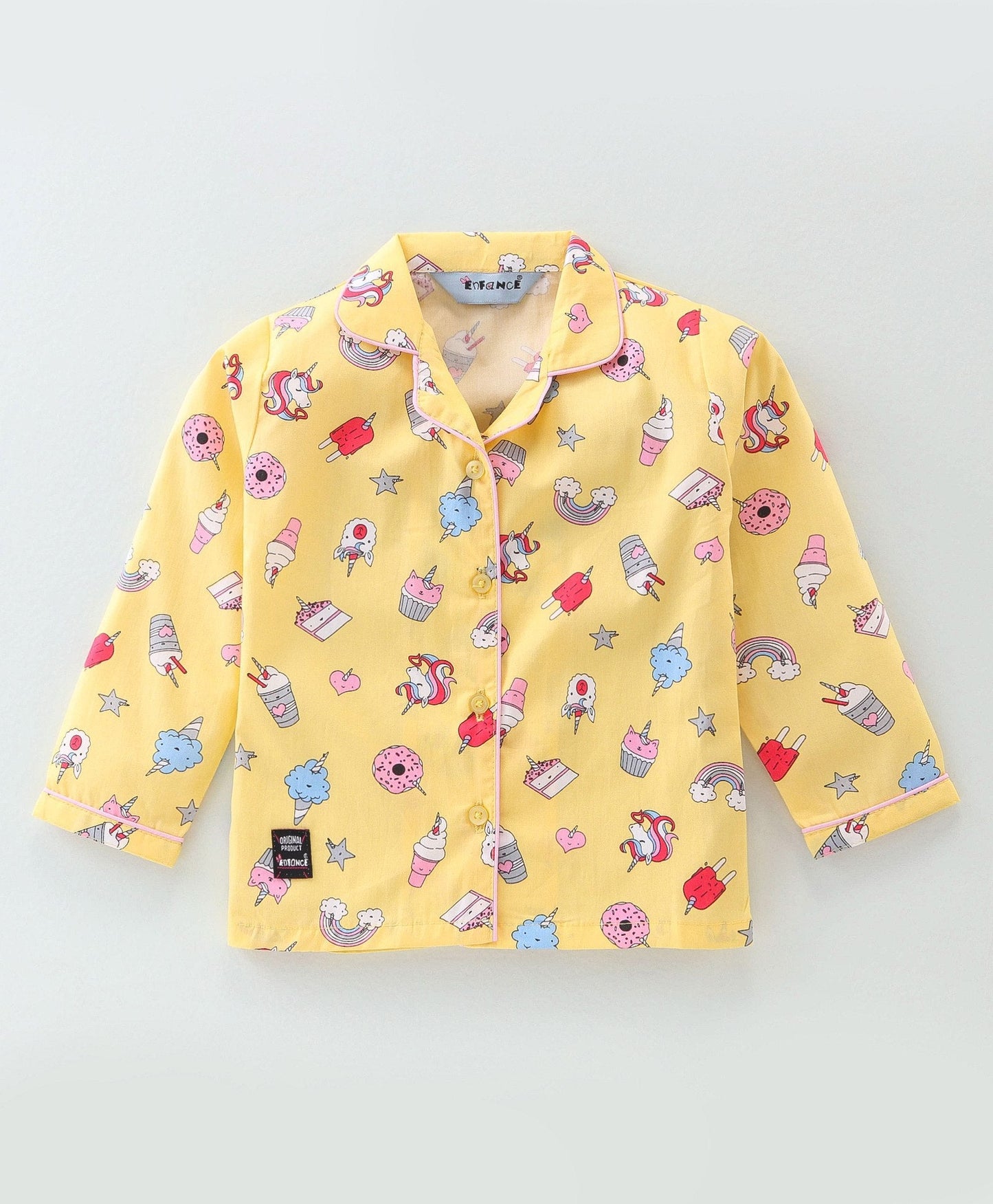 Enfance Core Full Sleeves All Over Unicorn Theme Print Nightsuit-Yellow