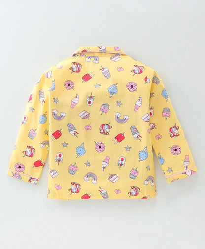 Enfance Core Full Sleeves All Over Unicorn Theme Print Nightsuit-Yellow
