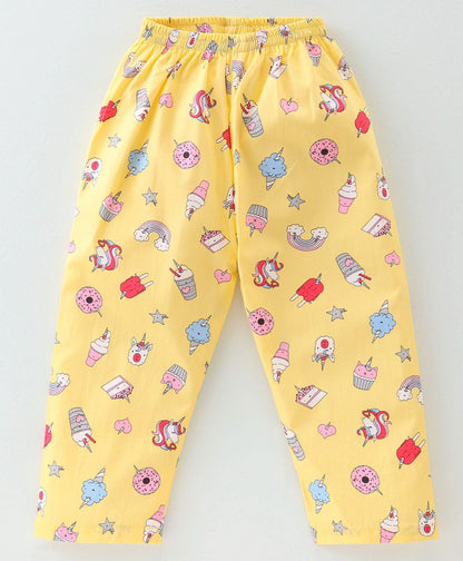 Enfance Core Full Sleeves All Over Unicorn Theme Print Nightsuit-Yellow