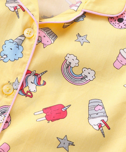 Enfance Core Full Sleeves All Over Unicorn Theme Print Nightsuit-Yellow