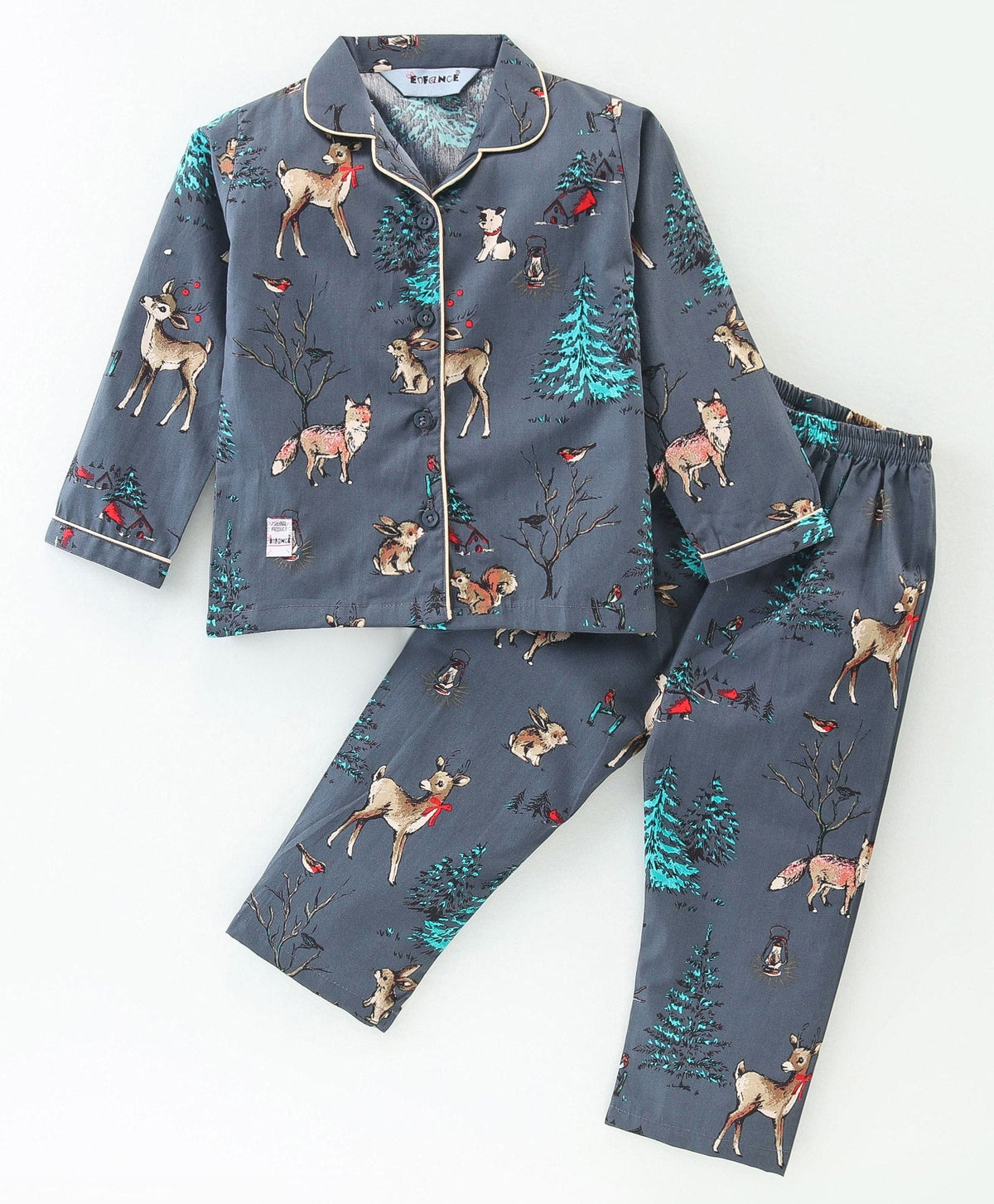 Enfance Core Full Sleeves All Over Raindeer Print Nightsuit-D.Grey
