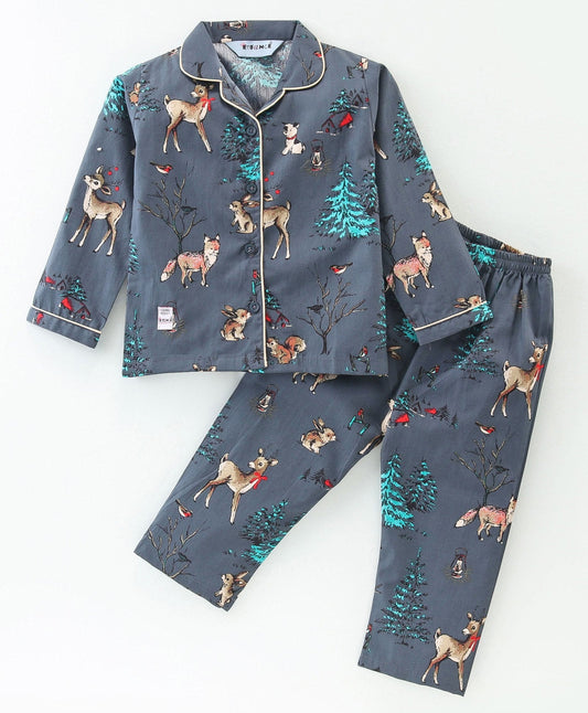 Enfance Core Full Sleeves All Over Raindeer Print Nightsuit-D.Grey