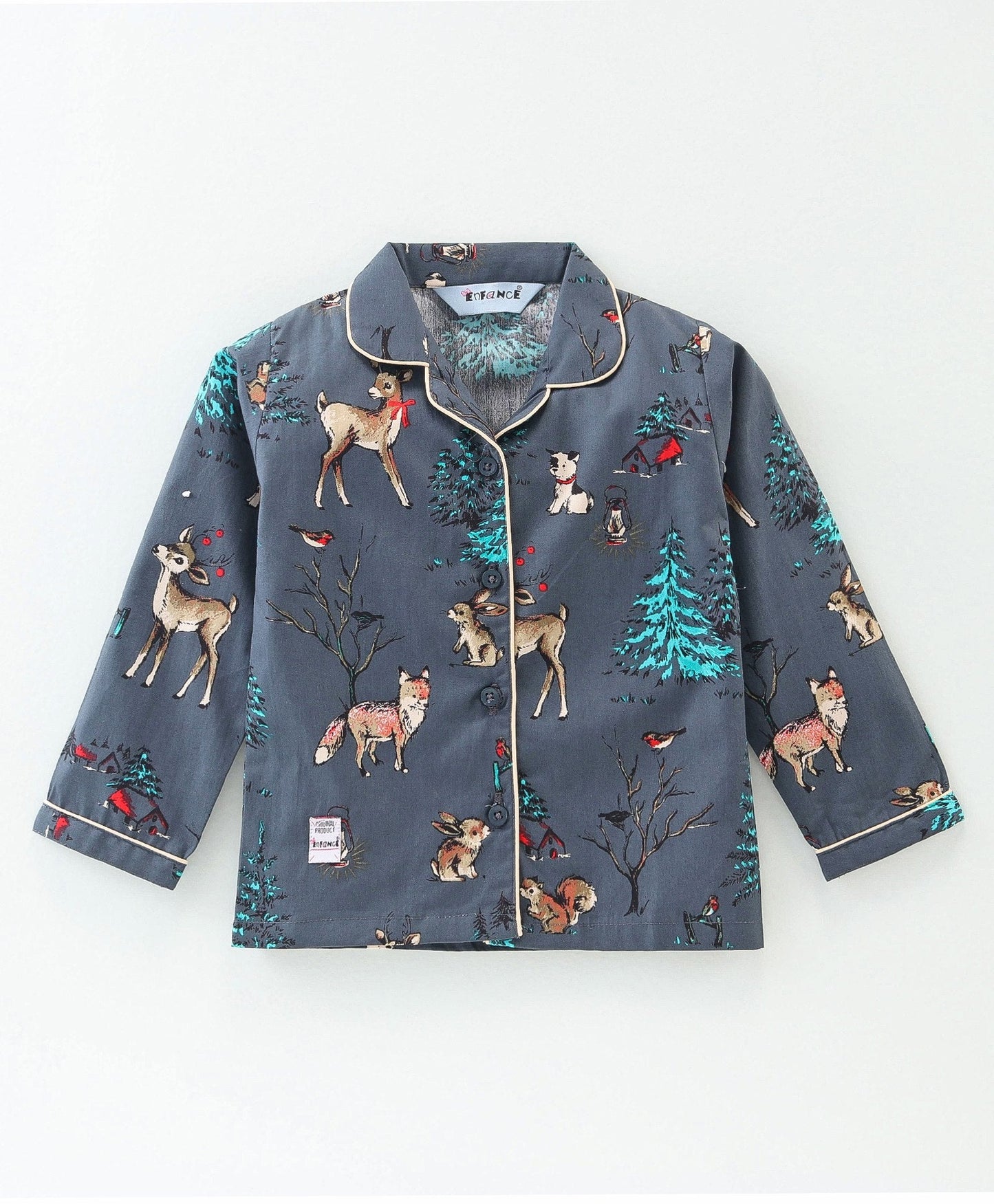 Enfance Core Full Sleeves All Over Raindeer Print Nightsuit-D.Grey