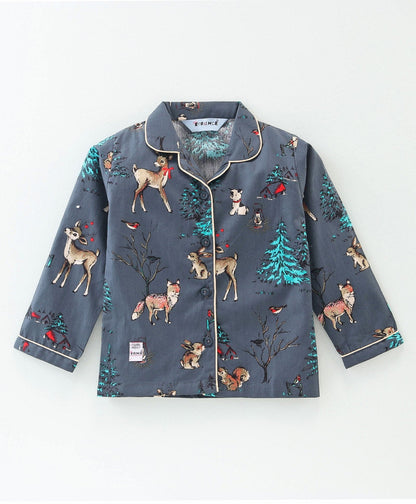 Enfance Core Full Sleeves All Over Raindeer Print Nightsuit-D.Grey
