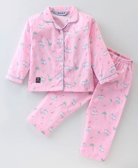 Enfance Core Full Sleeves All Over Zebra Print Nightsuit-Pink