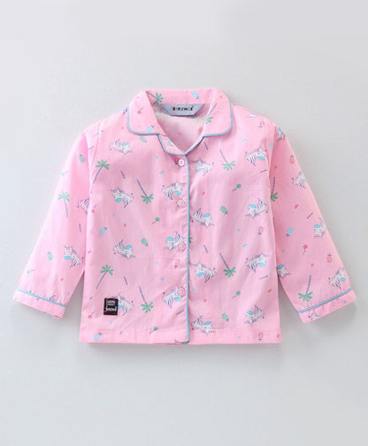 Enfance Core Full Sleeves All Over Zebra Print Nightsuit-Pink