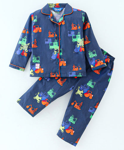 Enfance Core Full Sleeves All Over Construction Vehicles Print Nightsuit-Navy