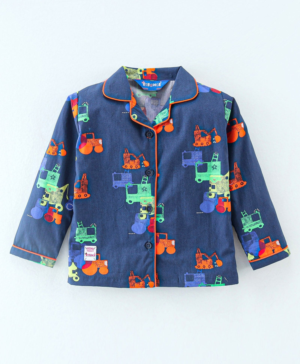 Enfance Core Full Sleeves All Over Construction Vehicles Print Nightsuit-Navy
