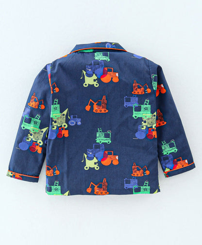 Enfance Core Full Sleeves All Over Construction Vehicles Print Nightsuit-Navy