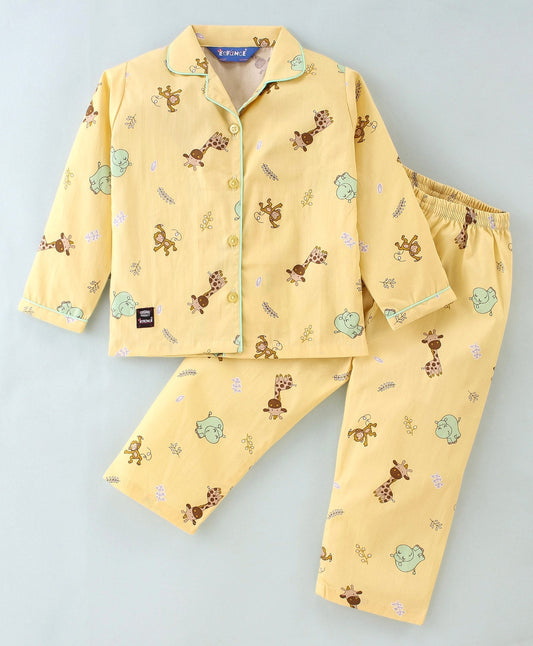 Enfance Core Full Sleeves All Over Animals Print Nightsuit-Lemon