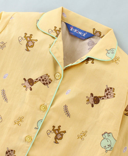 Enfance Core Full Sleeves All Over Animals Print Nightsuit-Lemon
