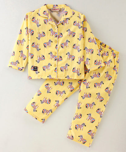 Enfance Core Full Sleeves All Over Zebra Print Nightsuit-Yellow