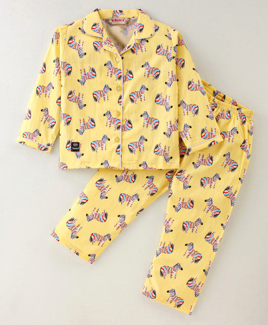 Enfance Core Full Sleeves All Over Zebra Print Nightsuit-Yellow