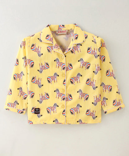 Enfance Core Full Sleeves All Over Zebra Print Nightsuit-Yellow