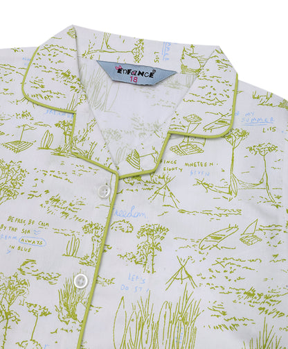 Enfance  Full Sleeves Plants Print Night Suit-P.Green