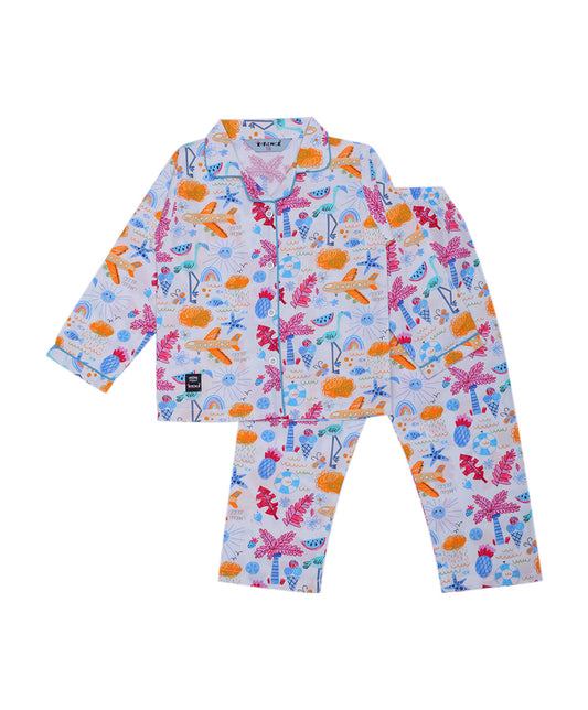 Enfance Full Sleeves Airoplane With Tropical Tree Printed Night Suit-Multi