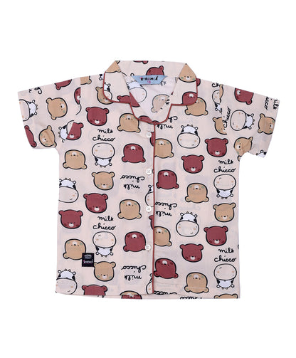 Enfance Half Sleeves Teddy Face Printed Night Suit-Fawn