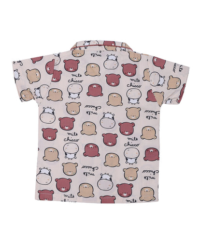 Enfance Half Sleeves Teddy Face Printed Night Suit-Fawn