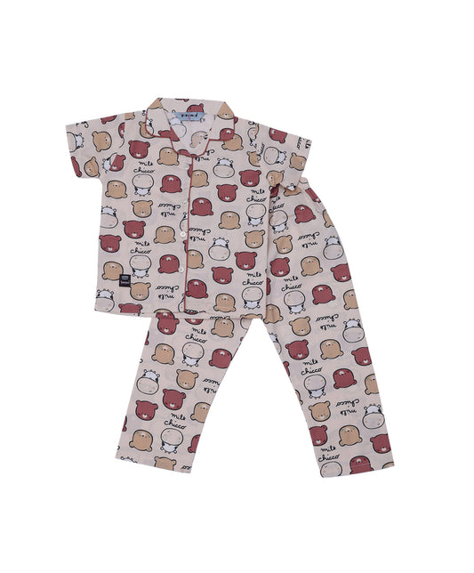 Enfance Half Sleeves Teddy Face Printed Night Suit-Fawn