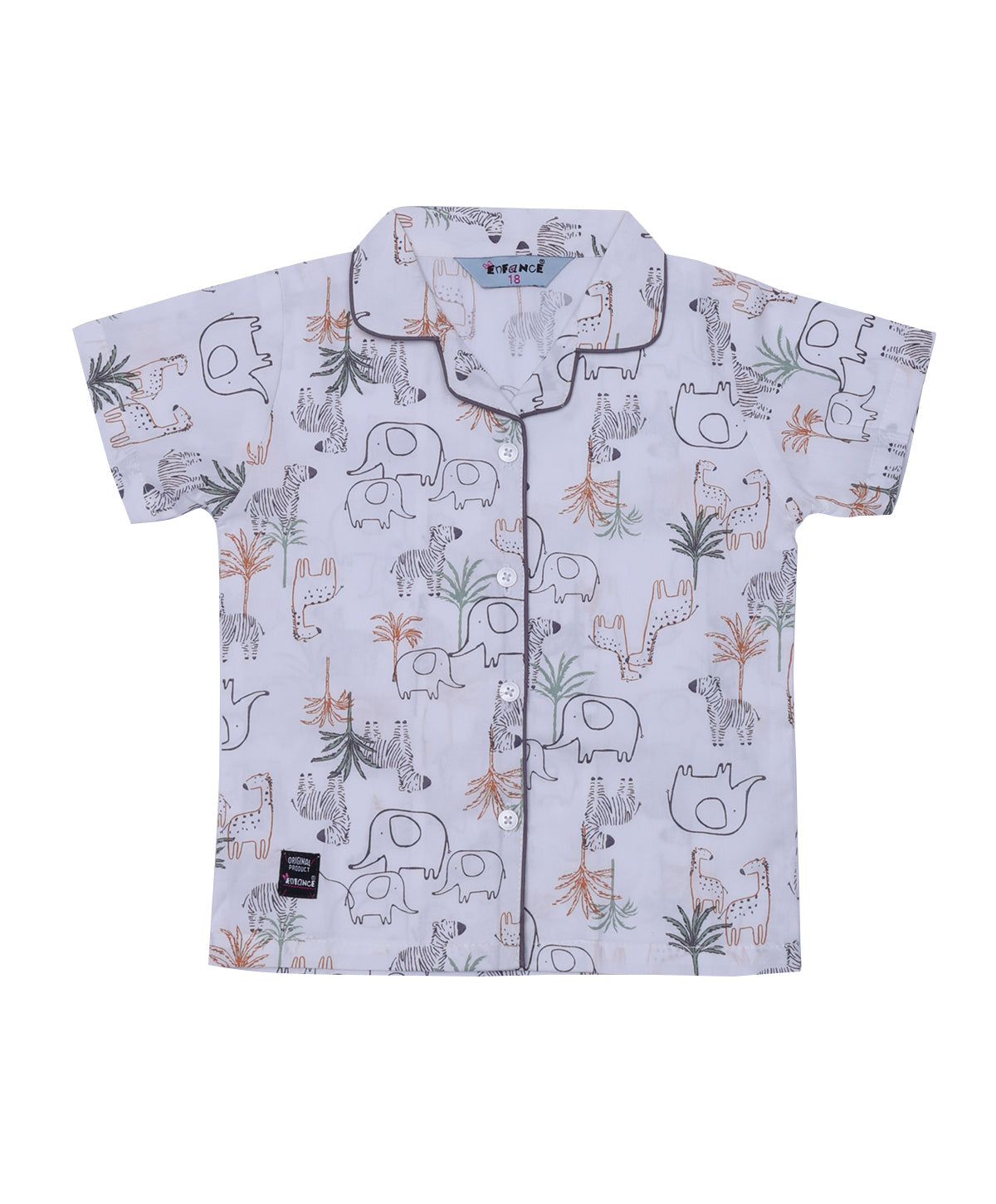 Enfance Cotton Woven Half Sleeves Animals Printed Night Suit -Grey
