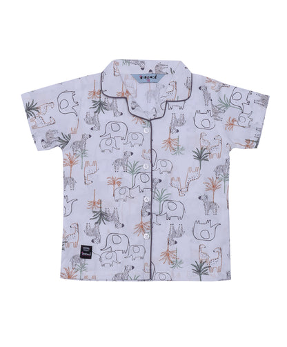 Enfance Cotton Woven Half Sleeves Animals Printed Night Suit -Grey