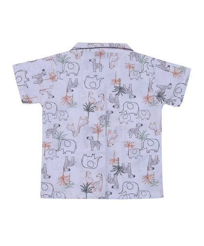 Enfance Cotton Woven Half Sleeves Animals Printed Night Suit -Grey