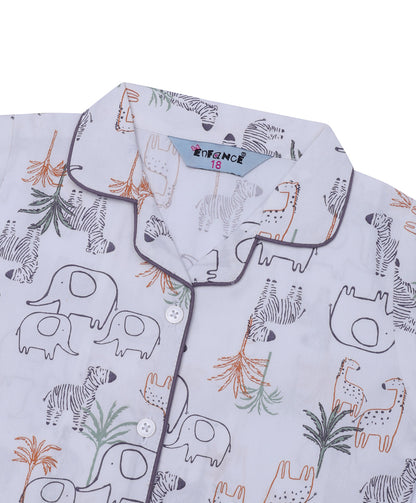Enfance Cotton Woven Half Sleeves Animals Printed Night Suit -Grey