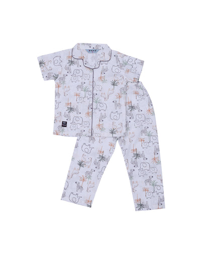 Enfance Cotton Woven Half Sleeves Animals Printed Night Suit -Grey
