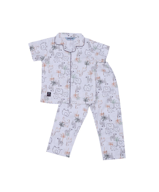 Enfance Cotton Woven Half Sleeves Animals Printed Night Suit -Grey