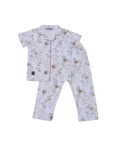 Enfance Cotton Woven Half Sleeves Animals Printed Night Suit - Brown