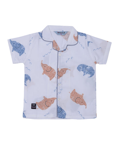 Enfance Cotton Woven Half Sleeves Elephant Printed Night Suit - OffWhite