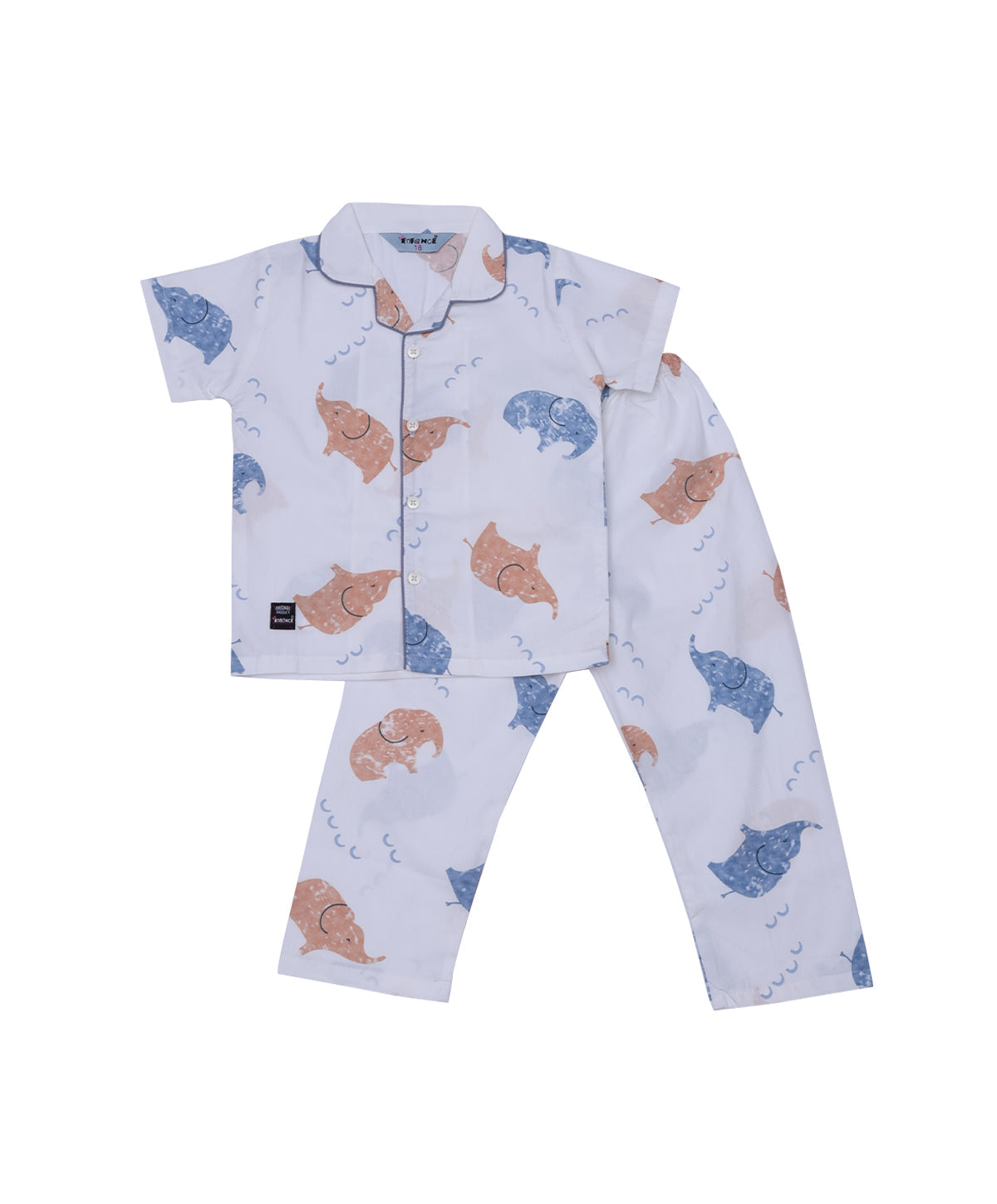 Enfance Cotton Woven Half Sleeves Elephant Printed Night Suit - OffWhite