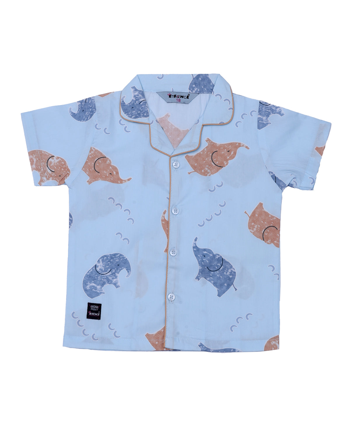 Enfance Cotton Woven Half Sleeves Elephant Printed Night Suit - S.Blue