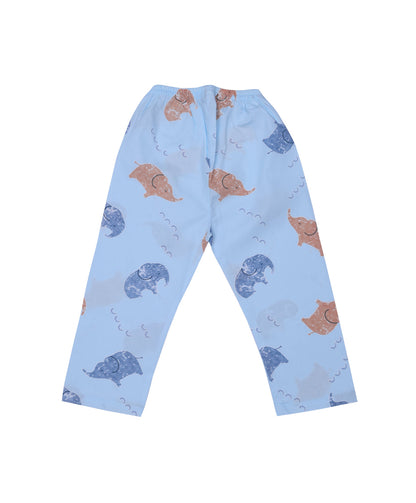 Enfance Cotton Woven Half Sleeves Elephant Printed Night Suit - S.Blue
