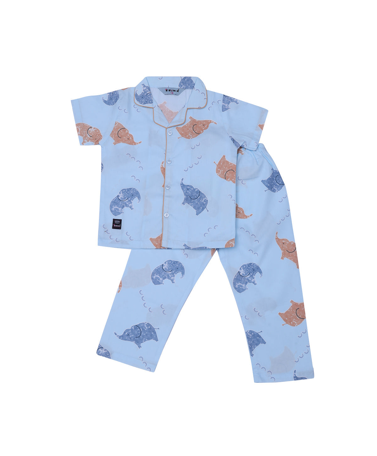 Enfance Cotton Woven Half Sleeves Elephant Printed Night Suit - S.Blue