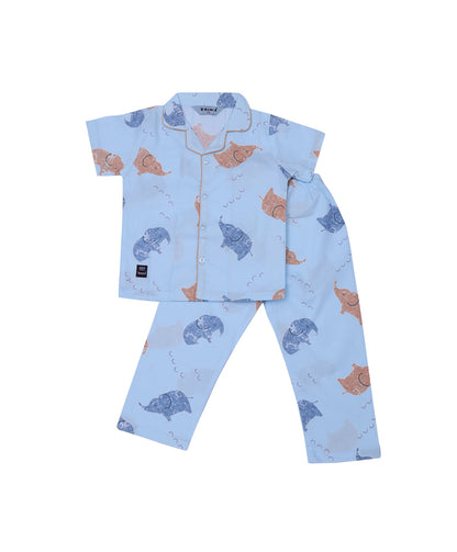 Enfance Cotton Woven Half Sleeves Elephant Printed Night Suit - S.Blue