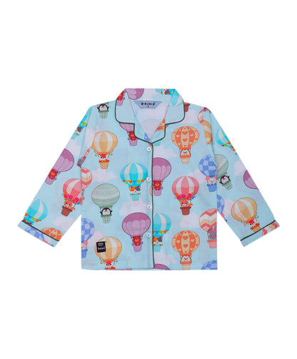 Enfance Cotton Woven Full Sleeves Hot Air Balloon Printed Night Suit - S.Blue