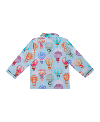 Enfance Cotton Woven Full Sleeves Hot Air Balloon Printed Night Suit - S.Blue