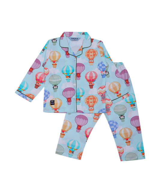 Enfance Cotton Woven Full Sleeves Hot Air Balloon Printed Night Suit - S.Blue