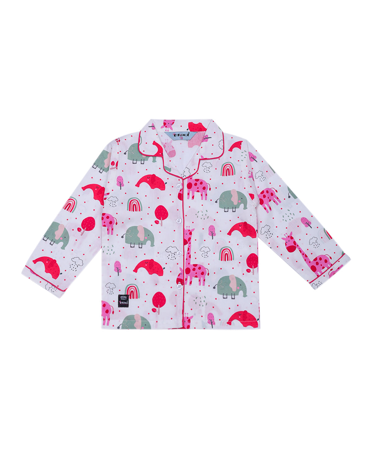 Enfance Cotton Woven Full Sleeves Animal Printed With Ploka Dots Night Suit - White