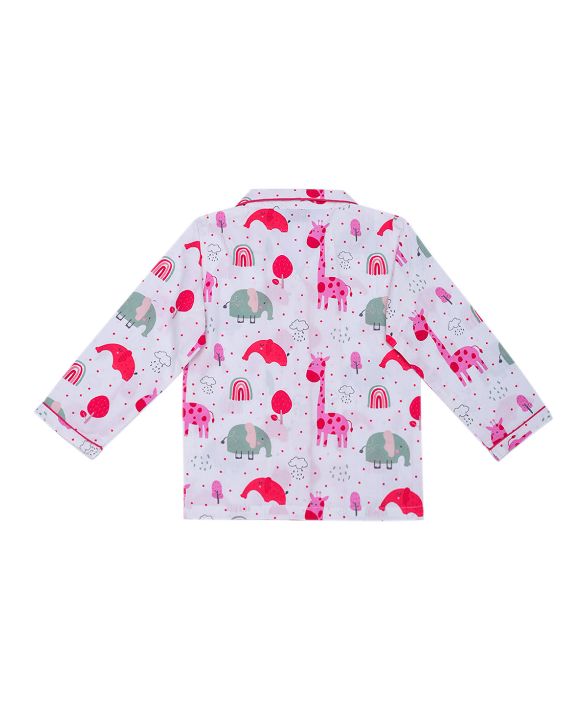 Enfance Cotton Woven Full Sleeves Animal Printed With Ploka Dots Night Suit - White