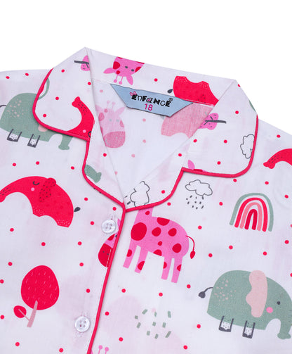 Enfance Cotton Woven Full Sleeves Animal Printed With Ploka Dots Night Suit - White