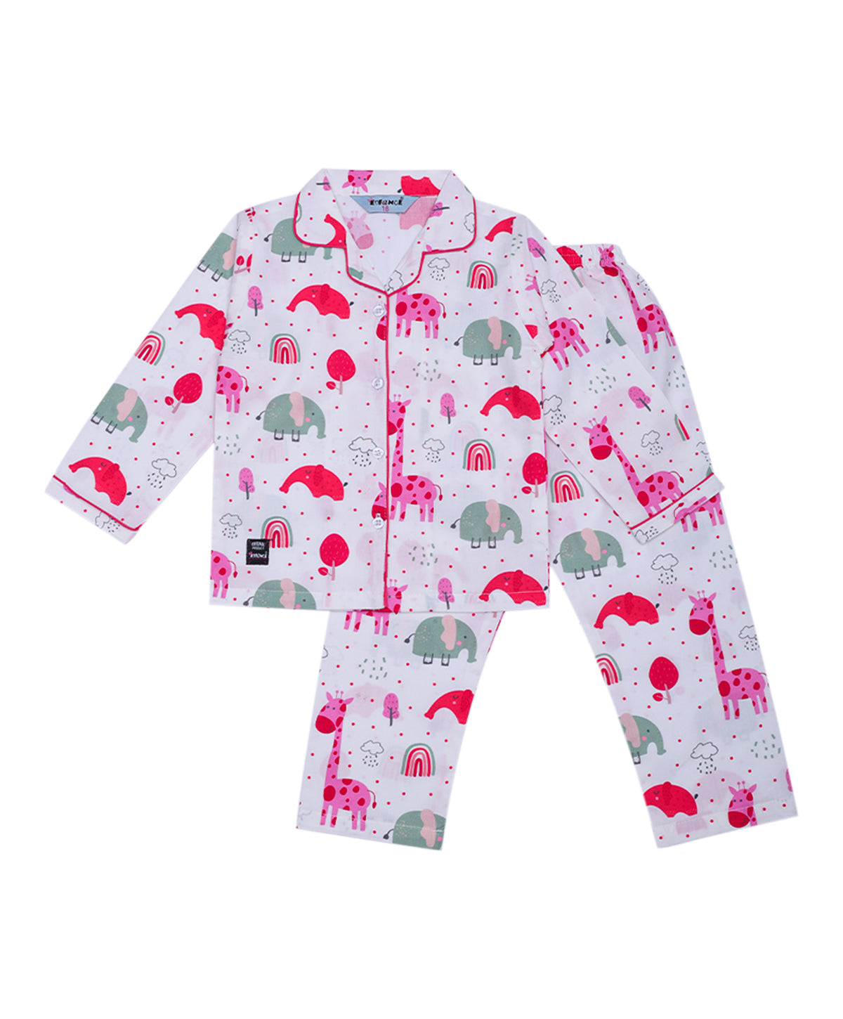 Enfance Cotton Woven Full Sleeves Animal Printed With Ploka Dots Night Suit - White