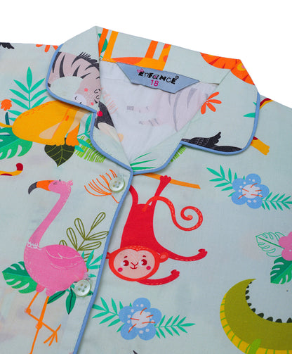 Enfance Cotton Woven Full Sleeves Animal Printed Night Suit - Pista
