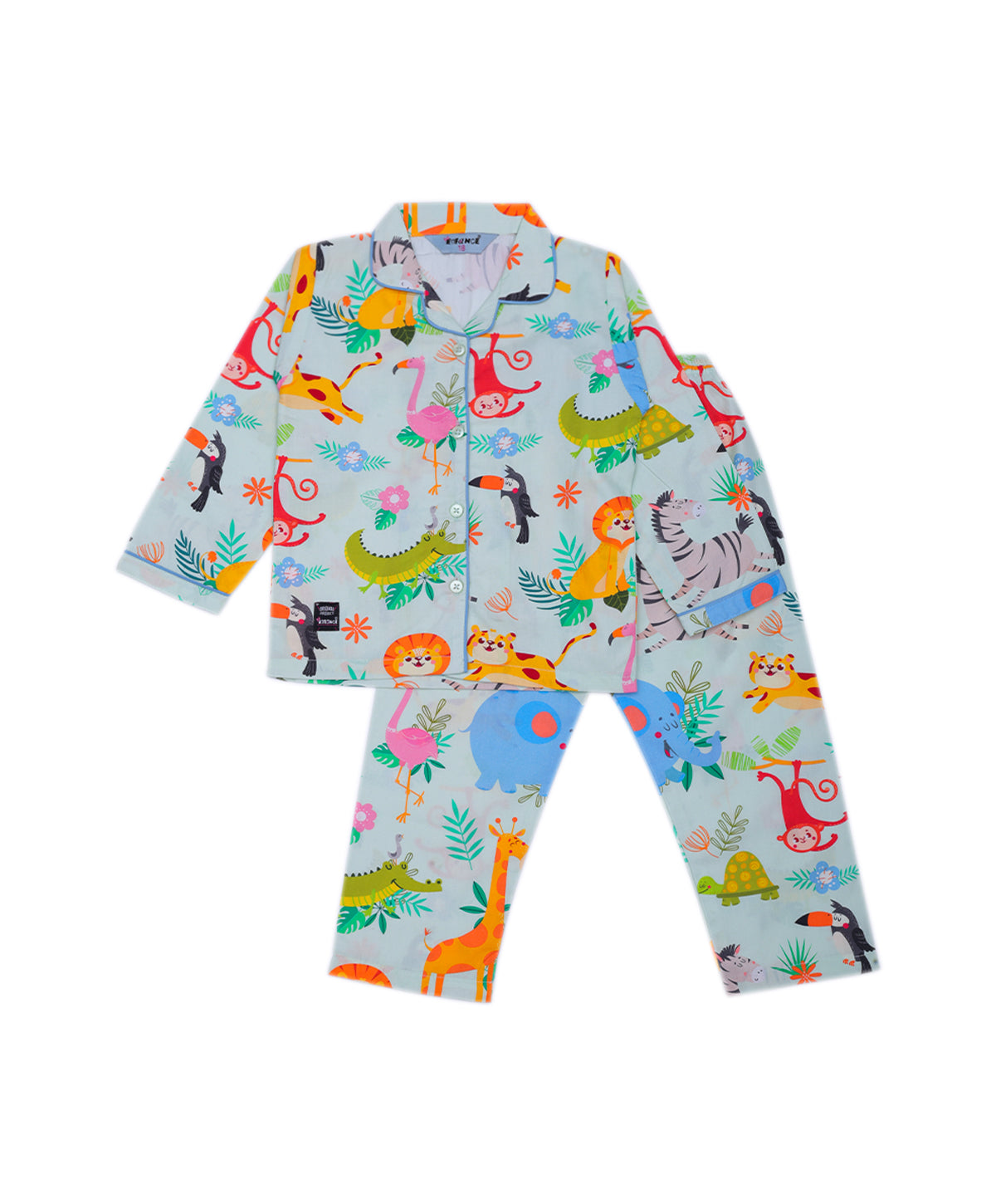 Enfance Cotton Woven Full Sleeves Animal Printed Night Suit - Pista