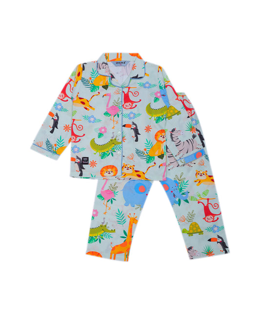 Enfance Cotton Woven Full Sleeves Animal Printed Night Suit - Pista