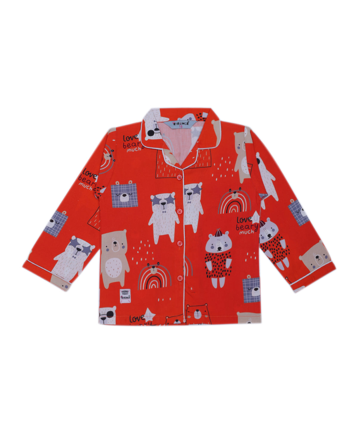 Enfance Cotton Woven Full Sleeves Bear Cartoon Printed Night Suit - Orange