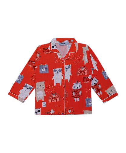 Enfance Cotton Woven Full Sleeves Bear Cartoon Printed Night Suit - Orange